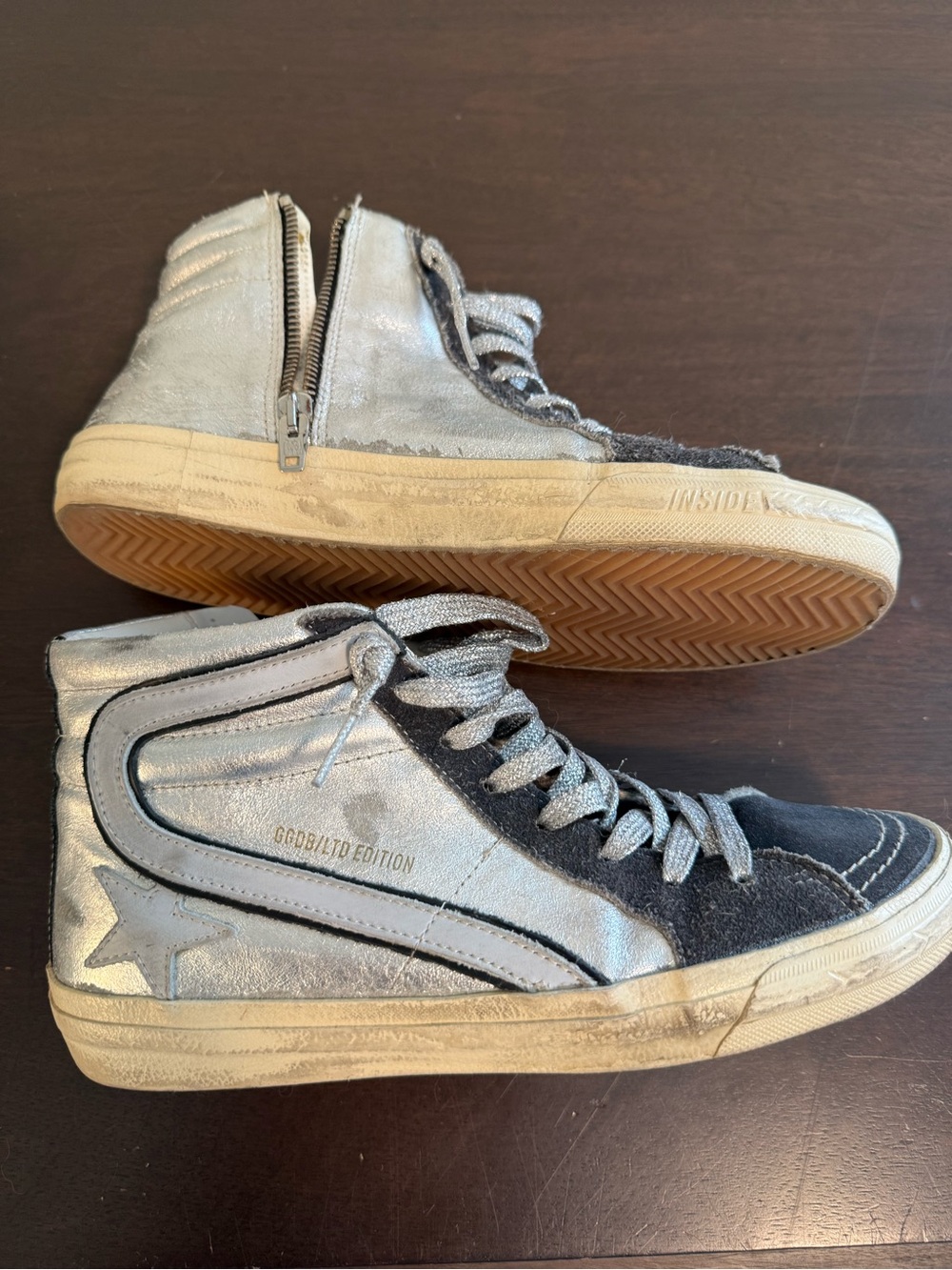 Golden Goose Metallic Silver High-Top Sneakers with Black Accents